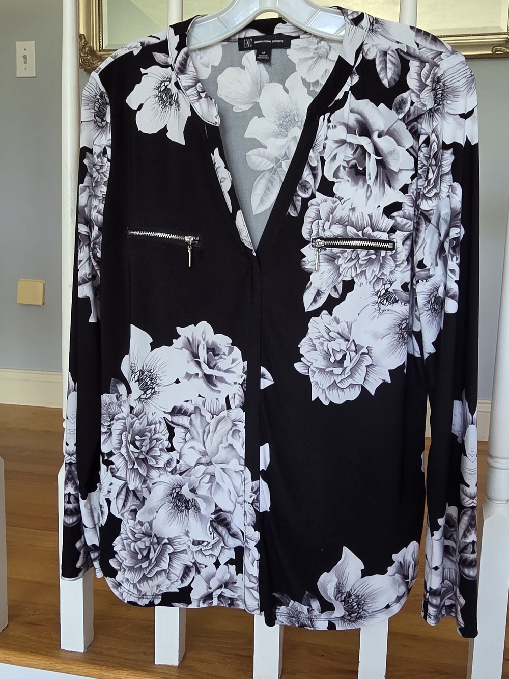 INC International Concepts Black and White Floral Zip-Pocket Blouse